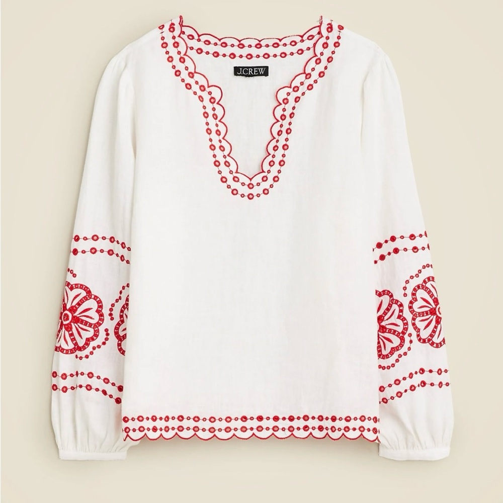 J. Crew White and Red Embroidered Top